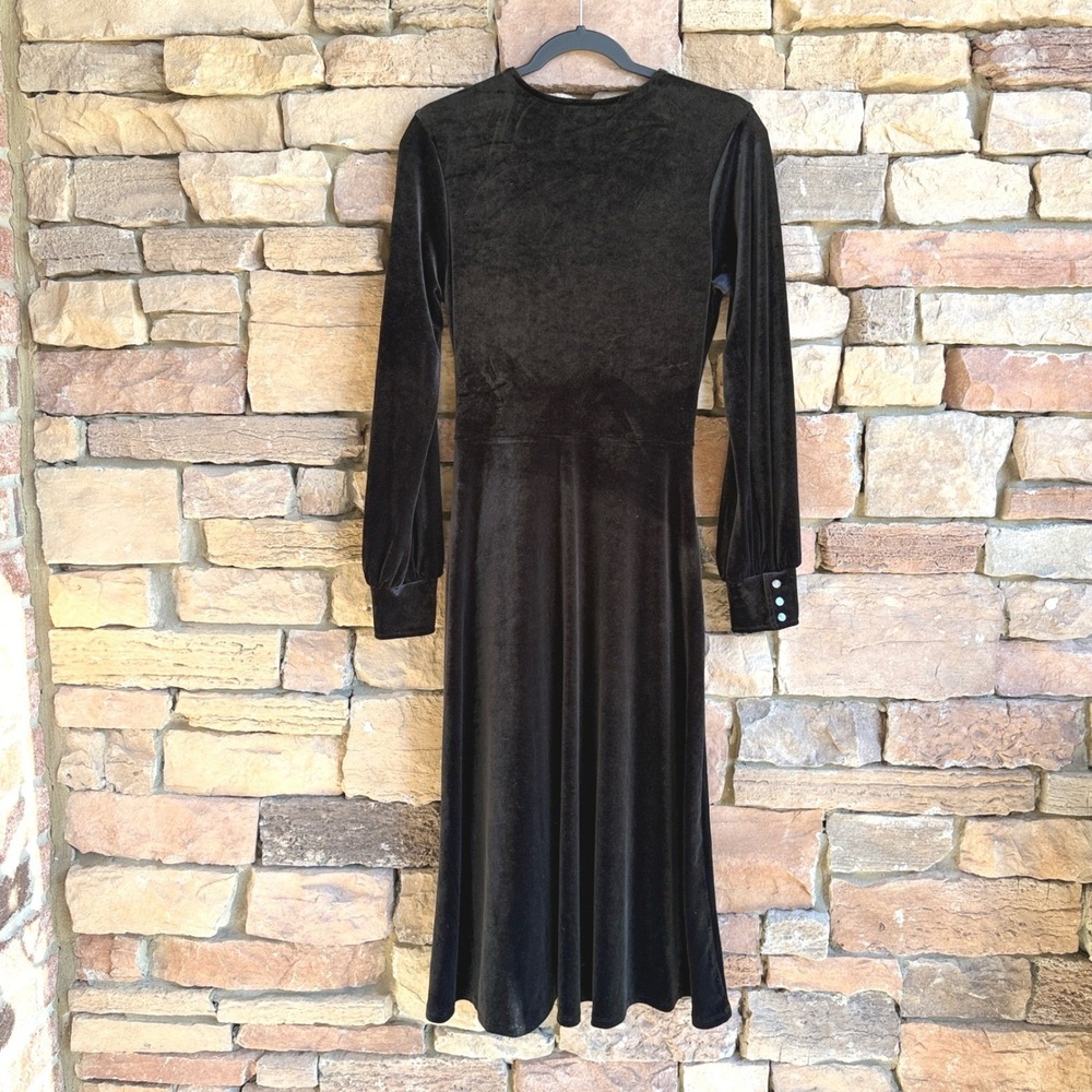 Halogen S Black Velvet Faux Wrap V Neck Knot Long Sleeve Midi Women Dress Goth - Picture 4 of 12